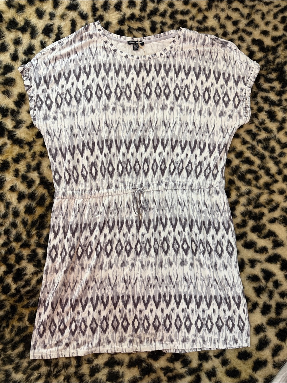 Hilary Radley Casual Drawstring Waist Tee Dress in White and Gray